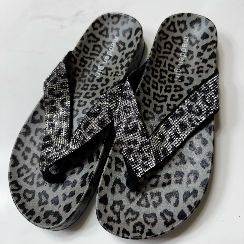 Madden Girl Black and Gray Leopard Print Sandals